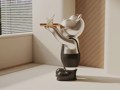 Silver Human Shaped Sculpture Side Table Holding Tray with Cup by Window Blinds 3d model