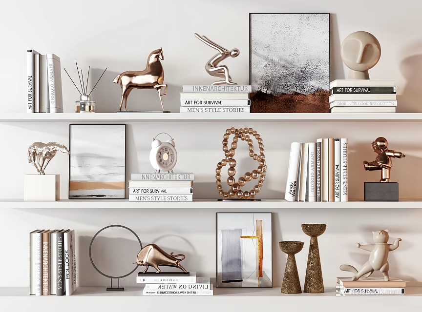 Elegant Modern Decorative Ornament Set With Sculptures Picture Frames And Books On Shelves 3d model 