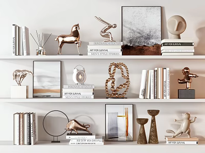 Elegant Modern Decorative Ornament Set With Sculptures Picture Frames And Books On Shelves 3d model
