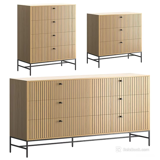 Minimalist Natural Wood Entryway Side Cabinets With Vertical Slat Design And Sturdy Black Metal Legs 3d model 
