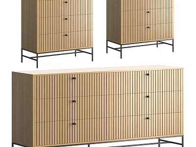 Minimalist Natural Wood Entryway Side Cabinets With Vertical Slat Design And Sturdy Black Metal Legs 3d model