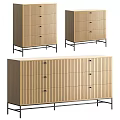 Minimalist Natural Wood Entryway Side Cabinets With Vertical Slat Design And Sturdy Black Metal Legs