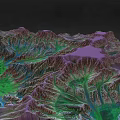 3D Terrain Model Showing Purple Mountain Peaks Valleys Rivers And Green Vegetation Areas