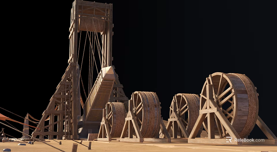 Ancient Wooden Mechanical Structures Featuring Large Wheels Wooden Frames And Ropes 3d model 