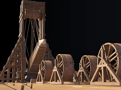 Ancient Wooden Mechanical Structures Featuring Large Wheels Wooden Frames And Ropes 3d model