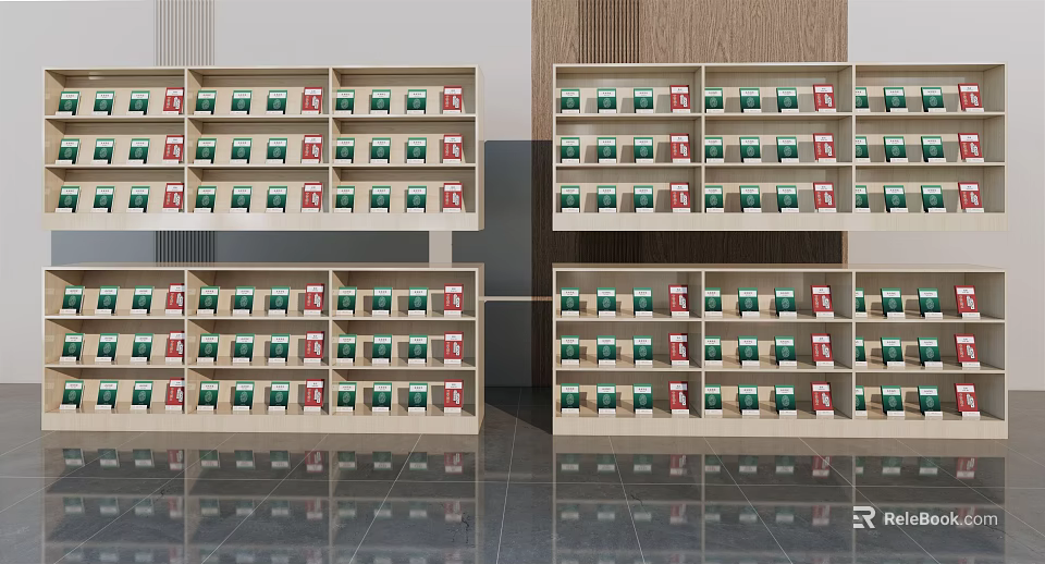 Modern Minimalist Light Wooden Bookcase with Multiple Shelves Neatly Arranged Green and Red Books 3d model 