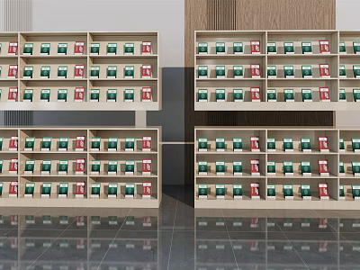 Modern Minimalist Light Wooden Bookcase with Multiple Shelves Neatly Arranged Green and Red Books 3d model