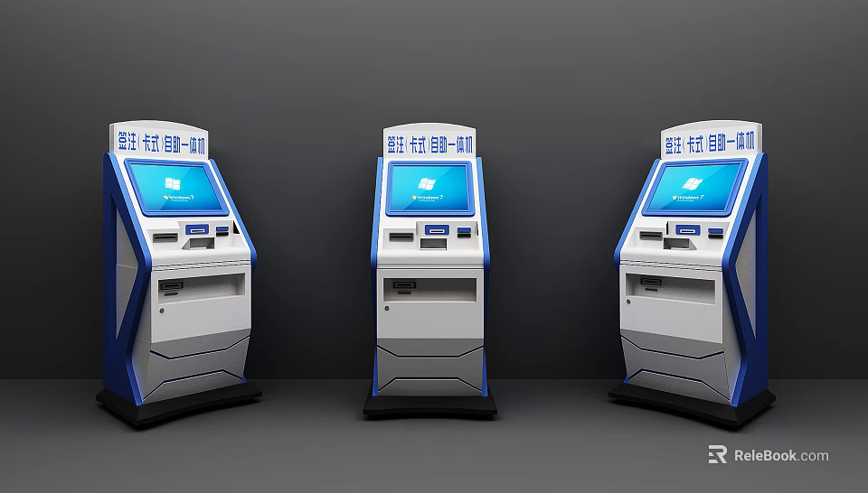 Public Facility Self Service Kiosks With Blue Screens And Interactive Interface In Public Area 3d model 