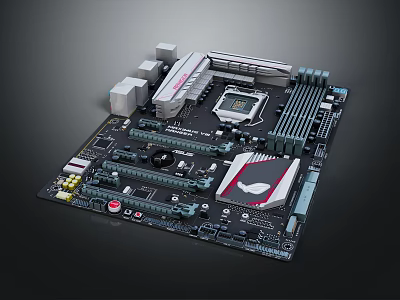 High Performance PC Motherboard With CPU Socket Heat Sink and Expansion Slots 3d model
