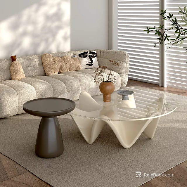 Modern Living Room Interior With Unique White Coffee Table Dark Side Table Light Sofa Cushions 3d model 