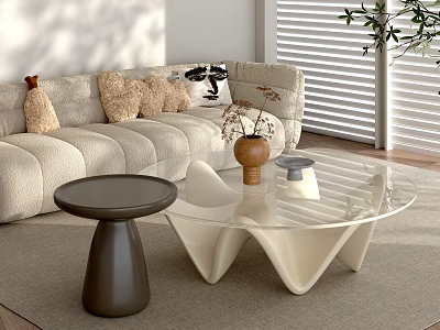 Modern Living Room Interior With Unique White Coffee Table Dark Side Table Light Sofa Cushions 3d model