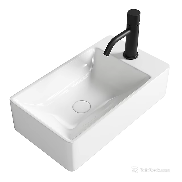 Square White Ceramic Washbasin With Modern Black Faucet For Bathroom Design 3d model 