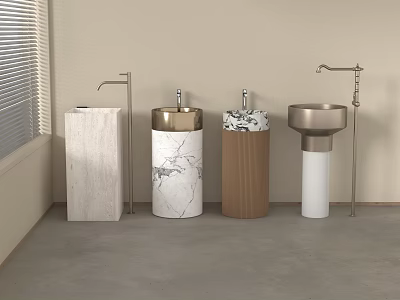 Modern Interior With Four Stylish Washbasins In Marble Wooden And Metal Designs And Faucets 3d model