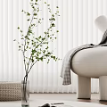 Green Branches In Transparent Vase White Blinds Beige Sofa Checkered Blanket Woven Basket Home Interior