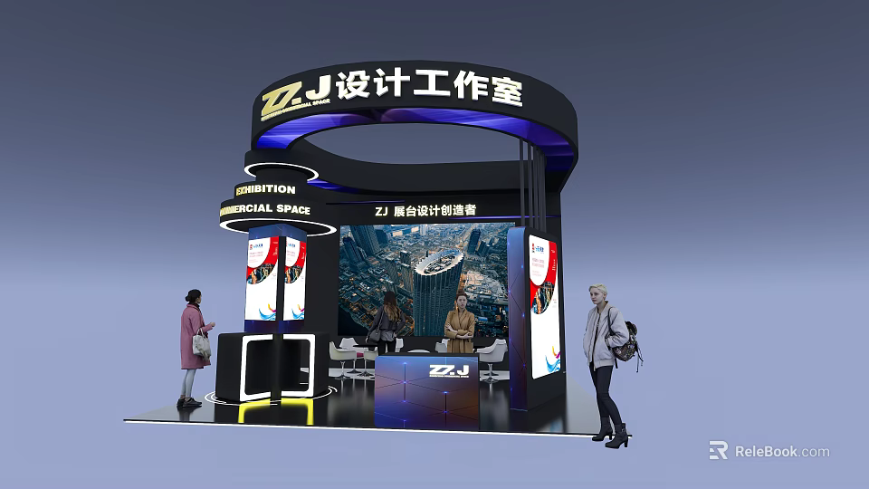 ZZJ Design Studio Exhibition Booth with Innovation Space Display Screens and Furniture 3d model 