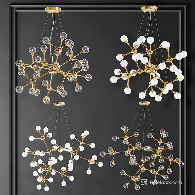 Elegant Modern Gold Branch Chandelier With Clear Glass Globes For Home Decor 3d model 
