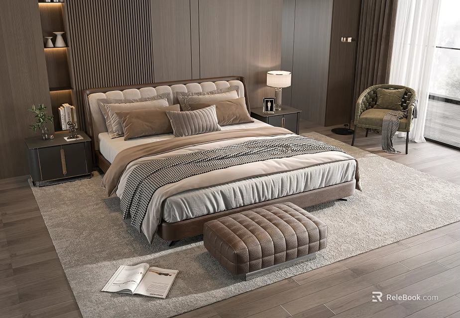 Modern Double Bed Interior With Plush Bedding Nightstand Lamp Ottoman And Wooden Rug 3d model 