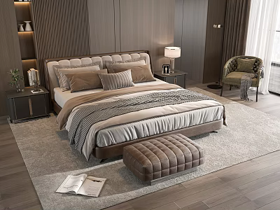 Modern Double Bed Interior With Plush Bedding Nightstand Lamp Ottoman And Wooden Rug 3d model