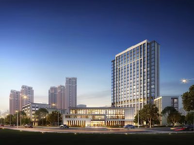 Modern High-Rise Residential Building Exterior With Greenery And Road In Twilight Sky 3d model