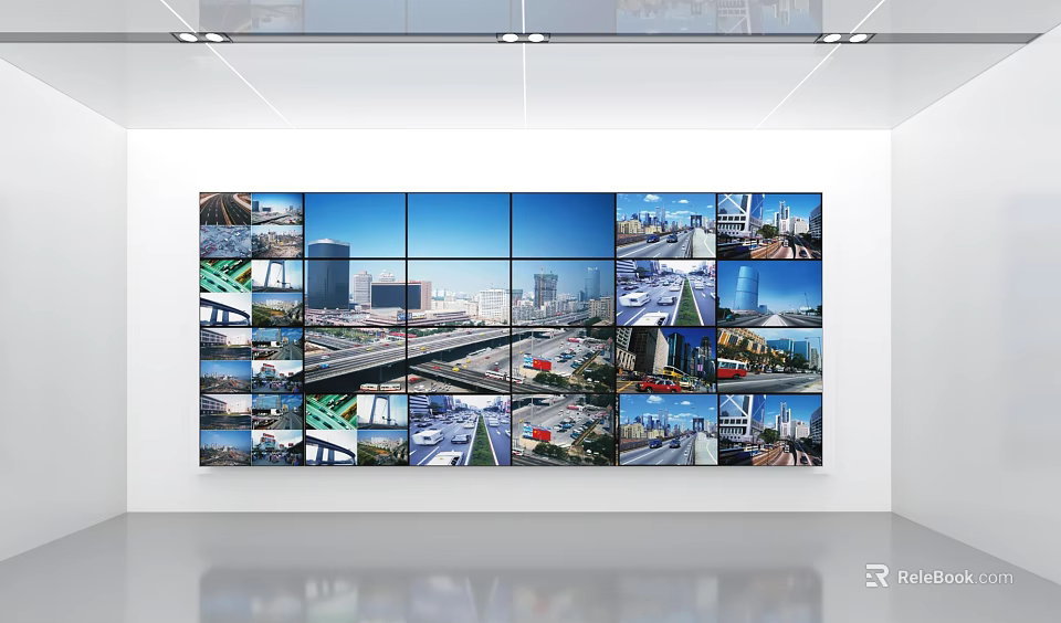 Large Screen Wall Display With Multiple City Views Roads And Architecture 3d model 