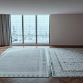 Two Patterned Square Rugs with Different Colors in Room with Wooden Floor and Large Windows