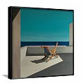 Modern Three Panel Wall Art With Blue Tones Seascape Figures And Architecture 3d model