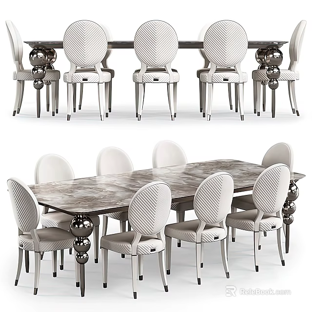 Elegant Modern Dining Table Set With Marble Top And White Patterned Chairs 3d model 