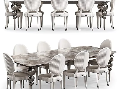 Elegant Modern Dining Table Set With Marble Top And White Patterned Chairs 3d model