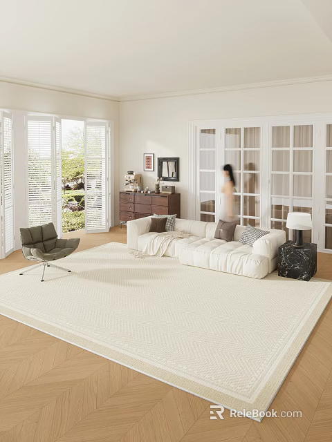 Modern Living Room Interior With White Sofa Large Area Rug And Floor To Ceiling Windows 3d model 