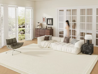 Modern Living Room Interior With White Sofa Large Area Rug And Floor To Ceiling Windows 3d model