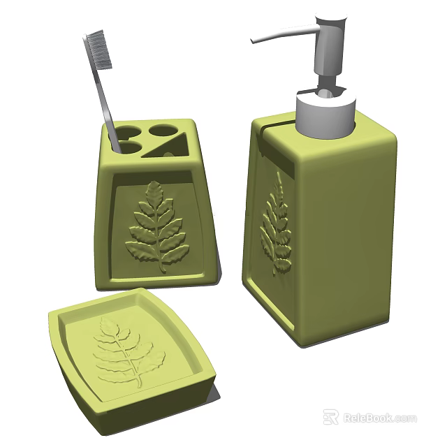 Green Bathroom Accessories with Leaf Pattern Toothbrush Holder Soap Dispenser and Tray 3d model 