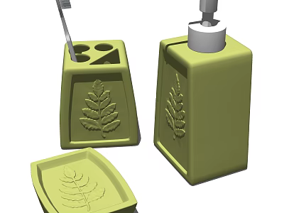 Green Bathroom Accessories with Leaf Pattern Toothbrush Holder Soap Dispenser and Tray 3d model