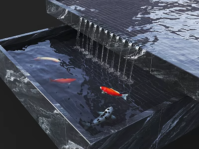 Garden Ornamental Water Pool With Waterfall From Stone Slab And Swimming Koi Fish 3d model