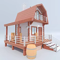 Cartoon Scene of a Small House With Red Roof White Railing Porch Stairs and Plants