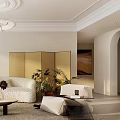 Cozy Neutral Living Room Interior With Plush Curved Sofa Vintage Stove And Lush Indoor Plants