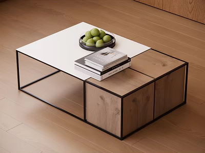 Modern Coffee Table With Black Metal Frame Wooden Drawers White Top Green Fruits And Books 3d model