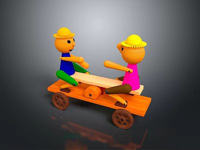Wooden Seesaw Toy With Two Puppets Wearing Yellow Hats And Wheels 3d model