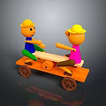 Wooden Seesaw Toy With Two Puppets Wearing Yellow Hats And Wheels