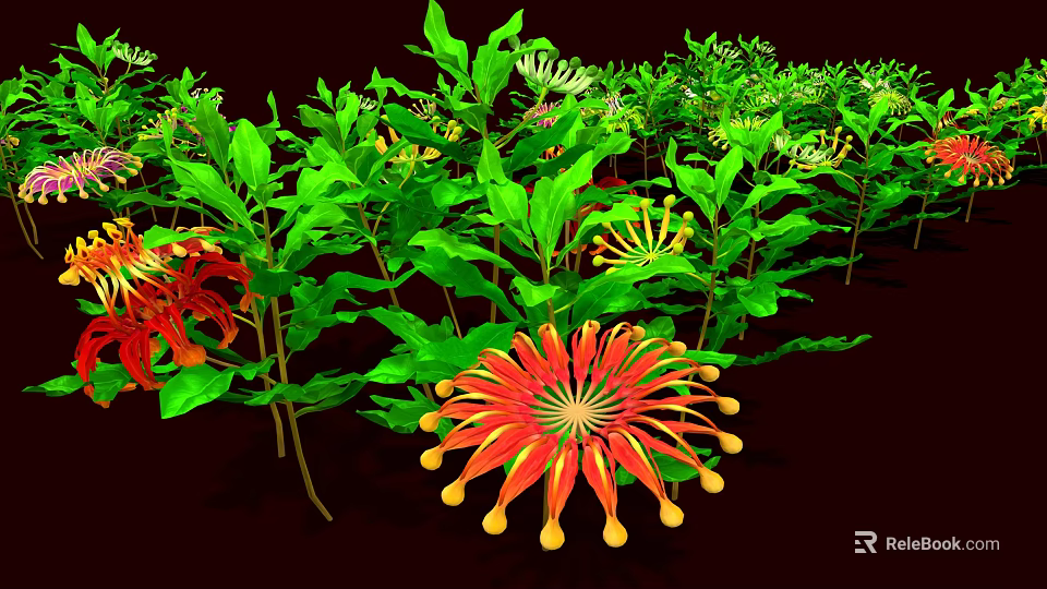 Vibrant Garden Plants Featuring Lush Green Leaves Red Flowers And Yellow Stamens 3d model 