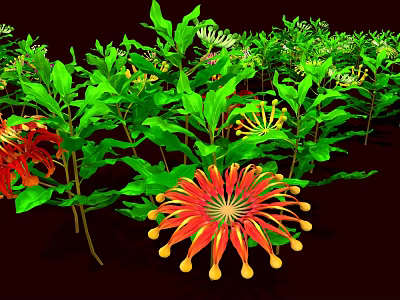 Vibrant Garden Plants Featuring Lush Green Leaves Red Flowers And Yellow Stamens 3d model
