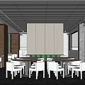 Modern Restaurant Interior With Open Layout Multiple Round Tables Windows And Green Plants 3d model