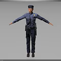 Policeman in Blue Uniform Standing with Arms Outstretched on Gray Background