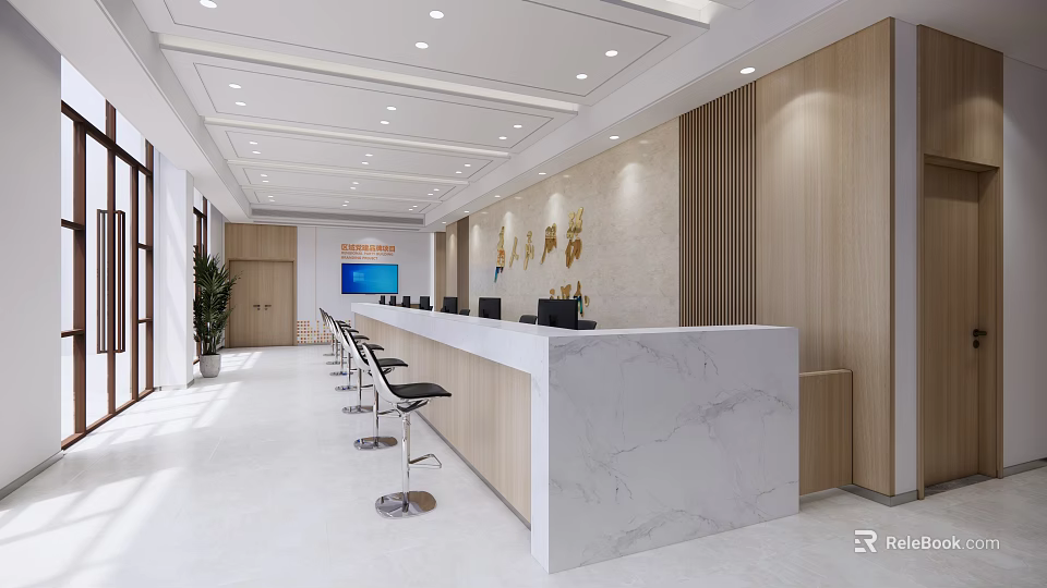 Modern Bright Service Hall Interior Design With Marble Countertop Wooden Walls And Bar Stools 3d model 
