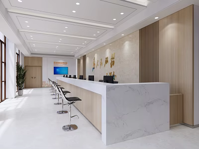 Modern Bright Service Hall Interior Design With Marble Countertop Wooden Walls And Bar Stools 3d model
