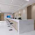 Modern Bright Service Hall Interior Design With Marble Countertop Wooden Walls And Bar Stools