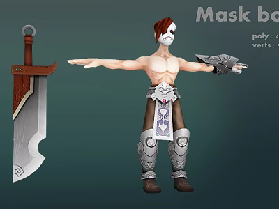 Masked Red Haired Game Character With Shirtless Torso Arm Armor And Large Sword 3d model