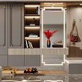 Modern Shoe Cabinet with Gray Doors Gold Handles Mirror Coat Hooks Vase Red Flowers Books Decorations