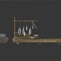 Ancient Wooden Platform With Boat Barrels Jars And Tools Setup 3d model