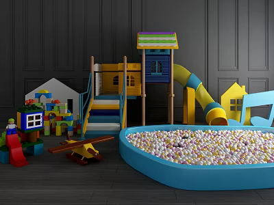 Colorful Indoor Playground Equipment With Slide Ball Pit Playhouse Blocks And Airplane 3d model