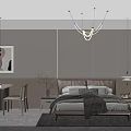Modern Apartment Bedroom With Bed Nightstand Chandelier Dining Table Chairs Painting And Washing Machine